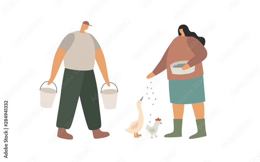 Scene from rural life. A man carries water in buckets, a woman feeds poultry. Work on the farm. Trendy flat vector illustration. Scene from rural life. A man carries water in buckets, a woman feeds poultry. Work on the farm. Trendy flat vector illustration.