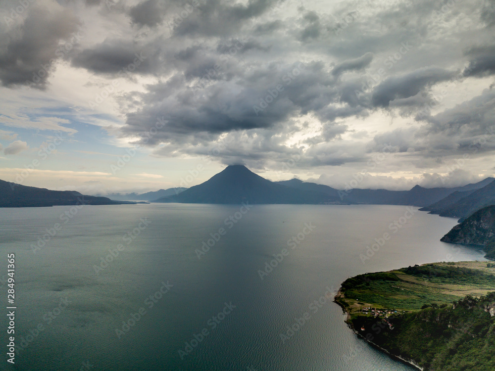 aerial of volcanos at lake atitlan Guatemala