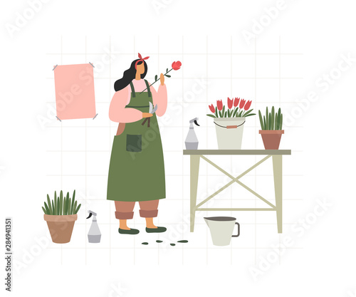 The girl collects bouquets in flower shop. Florist sells flowers and home ornamental plants. Young woman at counter, draws up flower arrangements. Vector illustration in trendy flat style.