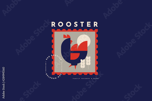 Emblem for poultry farm and chicken farm. Rooster in folk style. Image can be used for packaging design, restaurant menus, market design, butcher shops and chicken farm. Vector vintage illustration.
