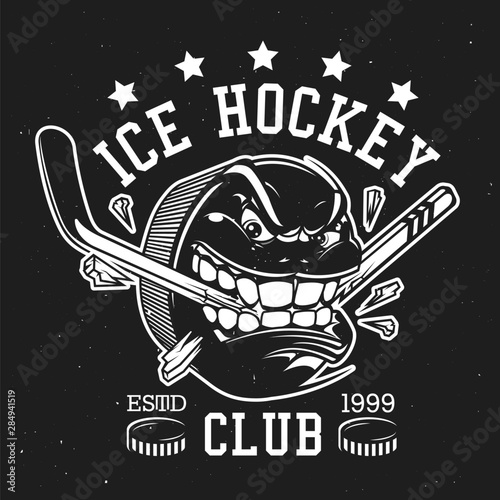 Ice hockey puck with teeth and stick, club sign