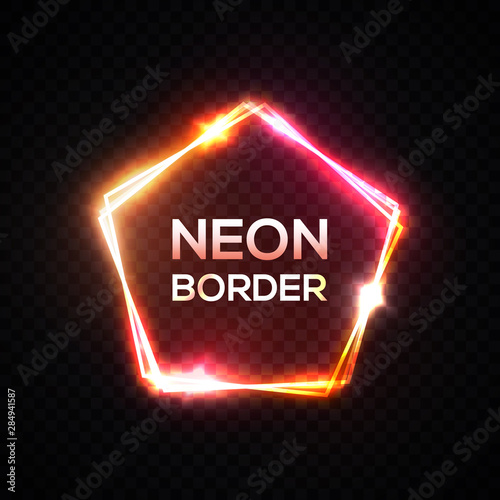 Neon frame. Pentagon shape. Pink yellow glowing template of neon border creative shining pentagonal outline. Modern electric 80s style background for banner poster cover design. 3d vector illustration
