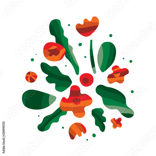 Fototapeta Naklejka Na Ścianę i Meble -  Simple red and orange flowers and green leaves on white background. Beautiful bouquet. Trendy flat style illustration for banner, cover, flyer, greeting card, invitation and etc. Vector.