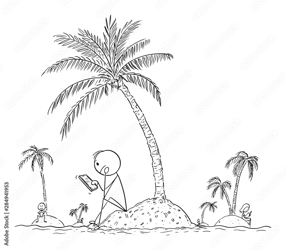 Vector cartoon stick figure drawing conceptual illustration of lonely  people sitting alone on small islands, using online mobile phone or  cellphone and using social networks to chat with virtual Stock Vector |