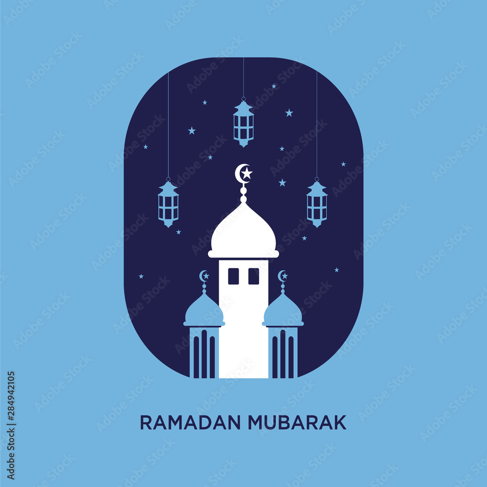 Islamic crescent moon design and mosque silhouette dome with patterns and illustrations.