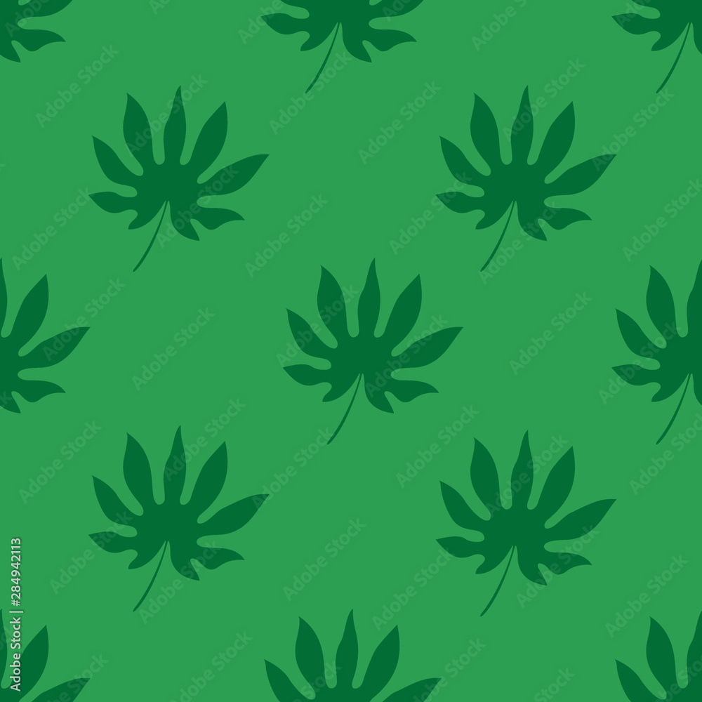 Seamless two-color flat tropical green leaf pattern on a dark green background, and connected to each other on the left, right, up, down. Seamless two-color flat tropical green leaf pattern on a dark green background, and connected to each other on the left, right, up, down.