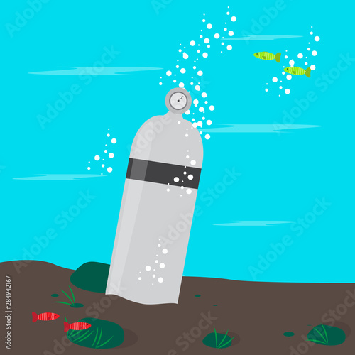 Diving tank in the ocean botton. Scuba diving concept - Vector