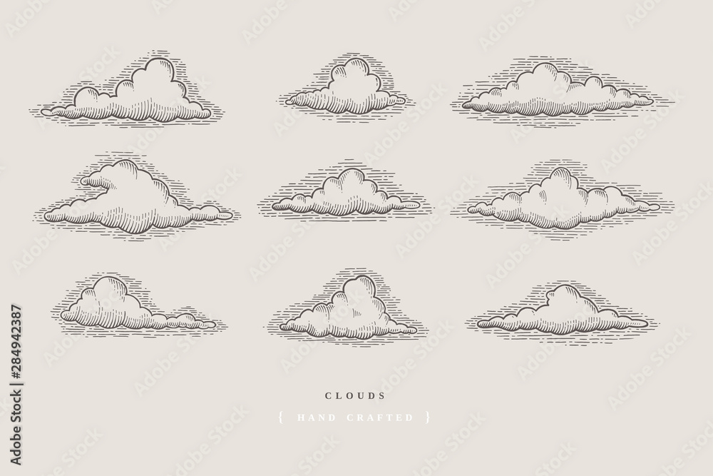 Set of graphically hand drawn clouds on light background. Clouds of various shapes in retro engraving style. Vector vintage illustration.
