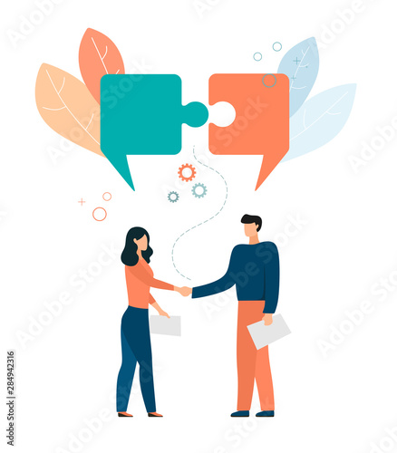 Businessmen conclude a contract, deal, contract. Business and business people. Vector illustration in flat style. White background. Concept. Dialogue, speech bubbles, thoughts puzzle