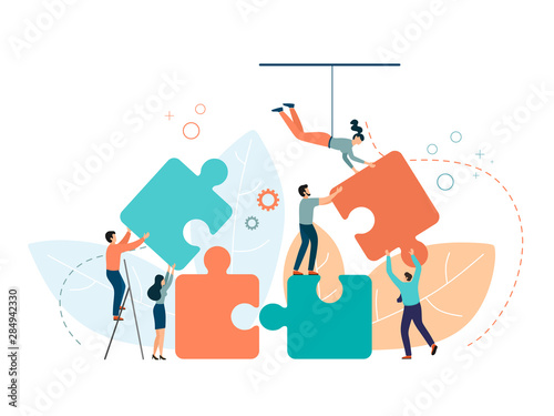 Business concept. People connecting puzzle elements. Symbol of teamwork, partnership, cooperation. Vector isolate on a white background in trend color. photo