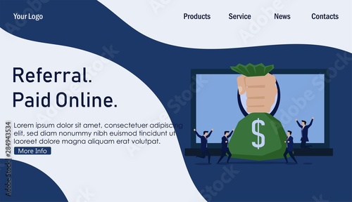 Businessman hand give reward online from laptop happy man. Business Landing Page Template.