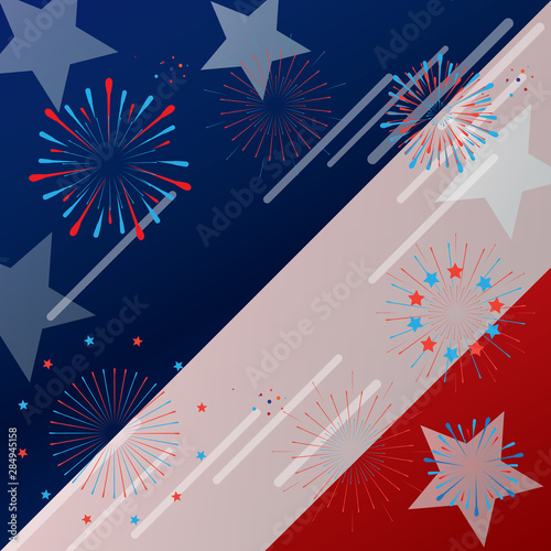 Abstract background wallpaper for 4th of July Happy Independence Day USA greeting card decoration Patriotic American flag, stars fireworks confetti balloons ribbon banner white red blue color stripes