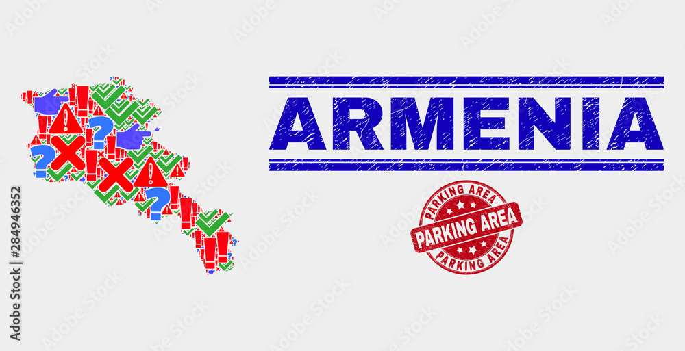Symbolic Mosaic Armenia map and seal stamps. Red round Parking Area distress seal stamp. Bright Armenia map mosaic of different randomized items. Vector abstract collage. Symbolic Mosaic Armenia map and seal stamps. Red round Parking Area distress seal stamp. Bright Armenia map mosaic of different randomized items. Vector abstract collage.