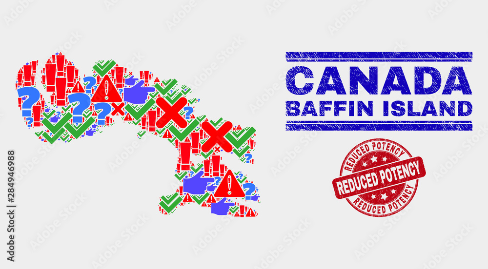 Symbol Mosaic Baffin Island map and seal stamps. Red round Reduced Potency textured seal stamp. Colored Baffin Island map mosaic of different randomized items. Vector abstract composition.