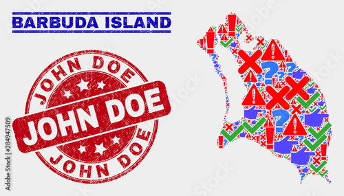 Symbolic Mosaic Barbuda Island map and seal stamps. Red round John Doe textured seal stamp. Colored Barbuda Island map mosaic of different random elements. Vector abstract collage.