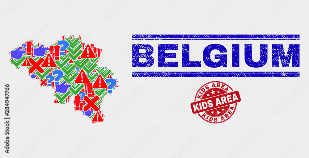 Symbolic Mosaic Belgium map and seal stamps. Red rounded Kids Area textured seal stamp. Colorful Belgium map mosaic of different random elements. Vector abstract collage.
