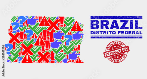 Sign Mosaic Brazil Distrito Federal map and seal stamps. Red rounded President Day grunge seal. Colorful Brazil Distrito Federal map mosaic of different random items. Vector abstract composition.
