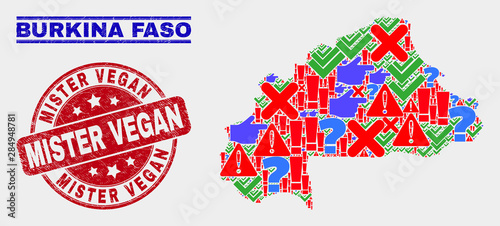 Sign Mosaic Burkina Faso map and seal stamps. Red round Mister Vegan distress seal stamp. Colorful Burkina Faso map mosaic of different randomized icons. Vector abstract collage.