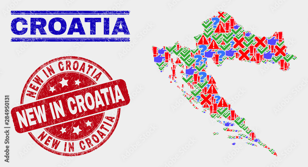 Sign Mosaic Croatia map and seal stamps. Red round New in Croatia grunge seal. Bright Croatia map mosaic of different scattered items. Vector abstract composition. Sign Mosaic Croatia map and seal stamps. Red round New in Croatia grunge seal. Bright Croatia map mosaic of different scattered items. Vector abstract composition.