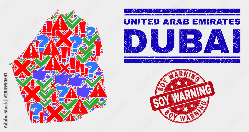 Symbol Mosaic Dubai Emirate map and seal stamps. Red rounded Soy Warning distress seal. Colored Dubai Emirate map mosaic of different randomized elements. Vector abstract combination.