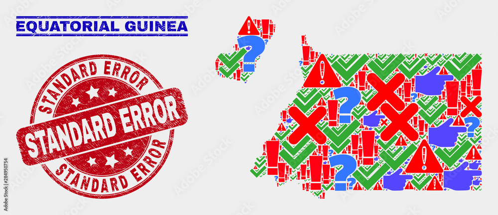 Symbol Mosaic Equatorial Guinea map and seal stamps. Red round Standard Error scratched seal stamp. Colorful Equatorial Guinea map mosaic of different scattered icons. Vector abstract collage.