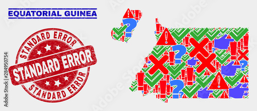 Symbol Mosaic Equatorial Guinea map and seal stamps. Red round Standard Error scratched seal stamp. Colorful Equatorial Guinea map mosaic of different scattered icons. Vector abstract collage.