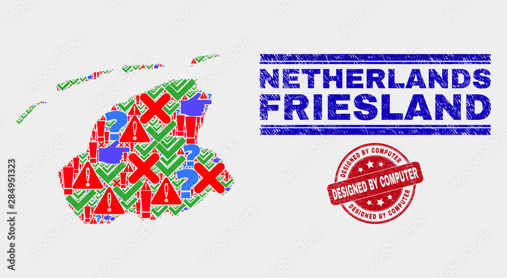 Sign Mosaic Friesland Province map and seal stamps. Red rounded Designed by Computer distress seal. Colorful Friesland Province map mosaic of different scattered symbols. Vector abstract composition.