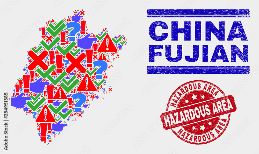 Symbolic Mosaic Fujian Province map and seal stamps. Red round Hazardous Area distress seal stamp. Colorful Fujian Province map mosaic of different scattered symbols. Vector abstract collage.