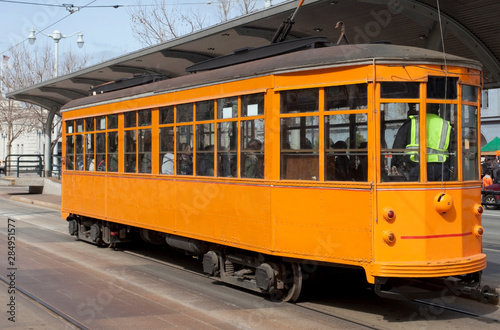 San Francisco's vintage F-Line streetcar traveling on the Embarcadero.