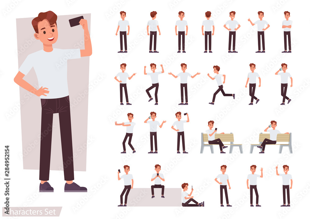 Set of man character vector design. Presentation in various action with emotions, running, standing and walking.