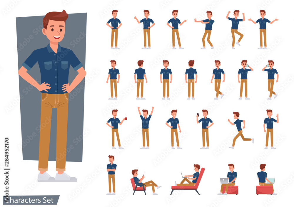 Set of man wear blue jeans shirt character vector design. Presentation in various action with emotions, running, standing and walking. - obrazy, fototapety, plakaty 