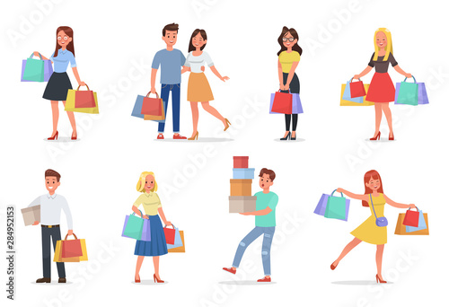 set of man and woman shopping with boxes and paper bags vector character design