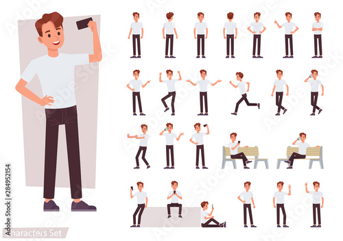 Set of man character vector design. Presentation in various action with emotions, running, standing and walking.