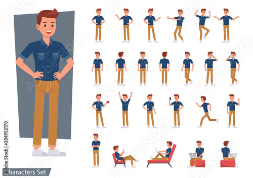 Set of man wear blue jeans shirt character vector design. Presentation in various action with emotions, running, standing and walking.