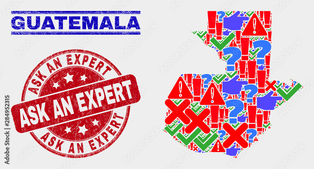 Sign Mosaic Guatemala map and seal stamps. Red rounded Ask an Expert grunge seal. Colorful Guatemala map mosaic of different randomized icons. Vector abstract collage. Sign Mosaic Guatemala map and seal stamps. Red rounded Ask an Expert grunge seal. Colorful Guatemala map mosaic of different randomized icons. Vector abstract collage.