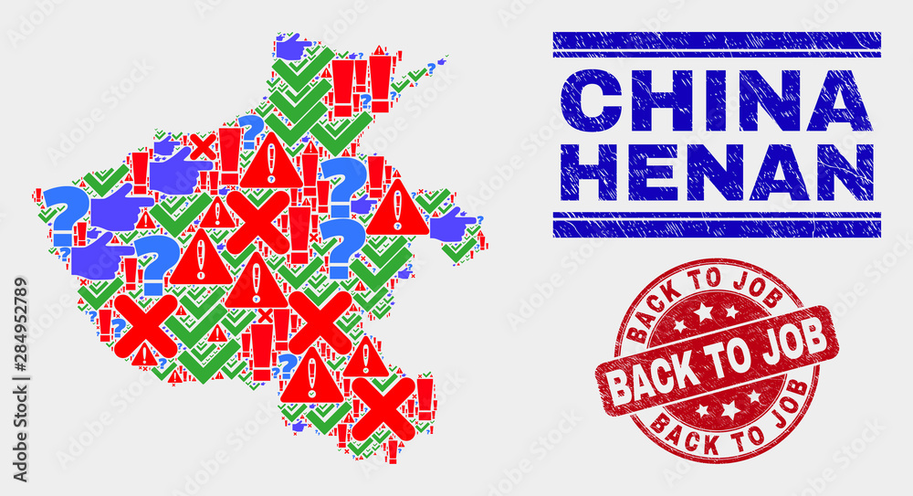 Symbol Mosaic Henan Province map and seal stamps. Red rounded Back to Job distress seal stamp. Bright Henan Province map mosaic of different scattered items. Vector abstract collage.