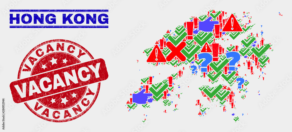 Symbolic Mosaic Hong Kong map and seal stamps. Red rounded Vacancy distress seal. Bright Hong Kong map mosaic of different randomized elements. Vector abstract composition.