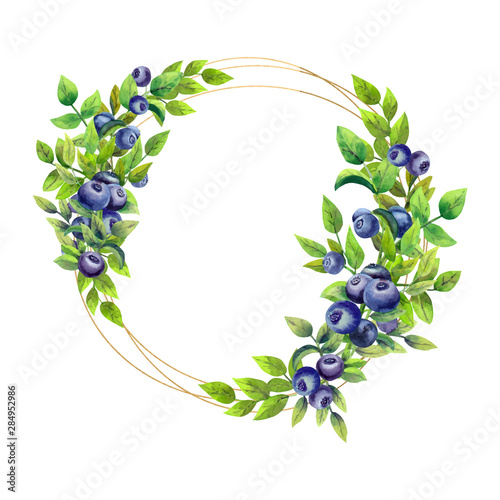 Romantic frame with ripe blueberries on white isolated background.. To design a greeting card or invitation. Vector illustration