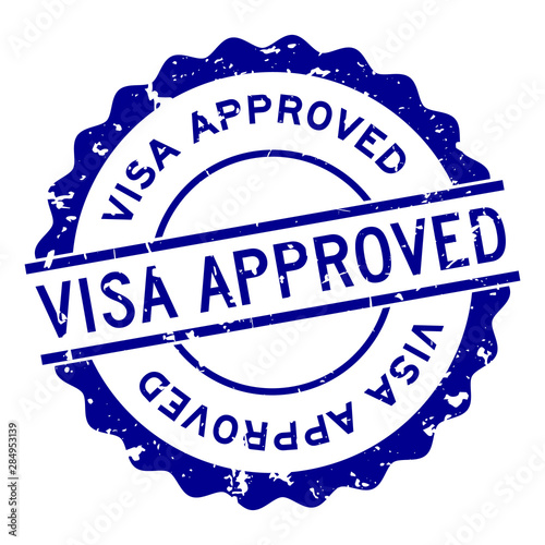 Grunge blue visa approved word round rubber seal stamp on white background