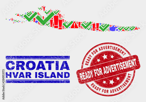 Symbolic Mosaic Hvar Island map and watermarks. Red rounded Ready for Advertisement textured seal. Colorful Hvar Island map mosaic of different random elements. Vector abstract composition. photo