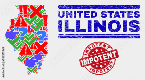 Symbolic Mosaic Illinois State map and seal stamps. Red round Impotent textured seal. Colored Illinois State map mosaic of different scattered items. Vector abstract combination.
