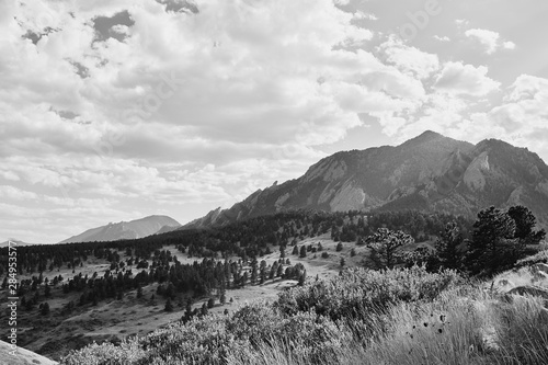 Foothills and Rocky Mountains in black and white at NCAR Trail head, National Center For Atmospheric Research, in Boulder, Colorado