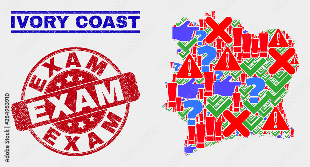 Symbolic Mosaic Ivory Coast map and seal stamps. Red rounded Exam grunge seal stamp. Colored Ivory Coast map mosaic of different scattered icons. Vector abstract combination. Symbolic Mosaic Ivory Coast map and seal stamps. Red rounded Exam grunge seal stamp. Colored Ivory Coast map mosaic of different scattered icons. Vector abstract combination.