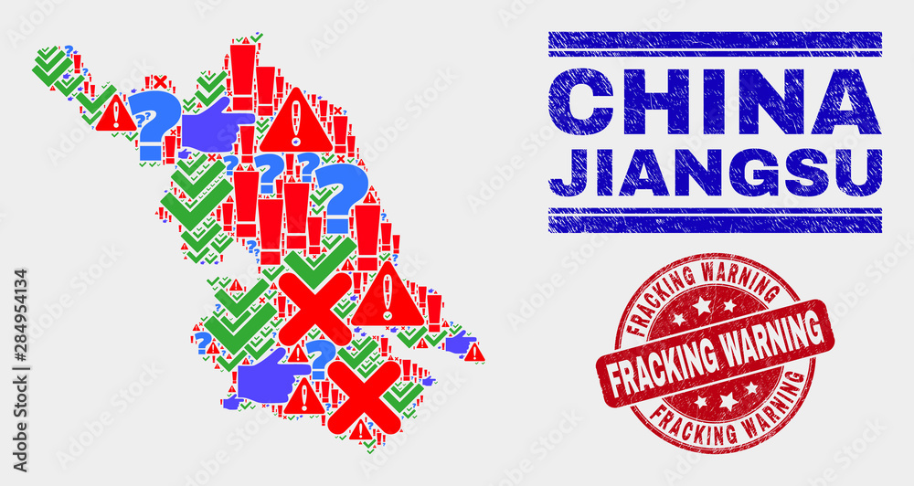 Symbolic Mosaic Jiangsu Province map and seal stamps. Red round Fracking Warning grunge seal. Colorful Jiangsu Province map mosaic of different random elements. Vector abstract collage.