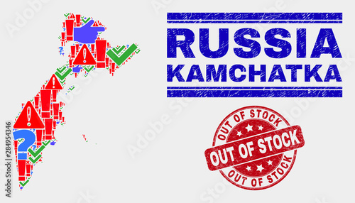 Symbolic Mosaic Kamchatka map and seal stamps. Red rounded Out of Stock textured seal stamp. Bright Kamchatka map mosaic of different randomized icons. Vector abstract combination.