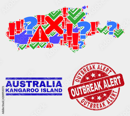 Symbolic Mosaic Kangaroo Island map and seal stamps. Red rounded Outbreak Alert textured seal. Colored Kangaroo Island map mosaic of different scattered elements. Vector abstract collage.
