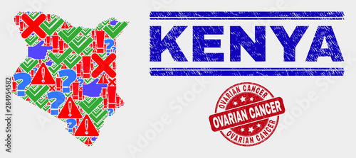 Symbol Mosaic Kenya map and seal stamps. Red round Ovarian Cancer scratched seal. Colored Kenya map mosaic of different random symbols. Vector abstract combination.