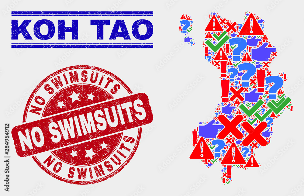 Symbolic Mosaic Koh Tao map and seal stamps. Red rounded No Swimsuits scratched seal. Colorful Koh Tao map mosaic of different scattered symbols. Vector abstract composition. Symbolic Mosaic Koh Tao map and seal stamps. Red rounded No Swimsuits scratched seal. Colorful Koh Tao map mosaic of different scattered symbols. Vector abstract composition.