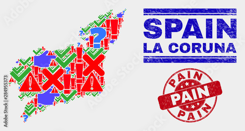 Symbolic Mosaic La Coruna Province map and stamps. Red round Pain distress stamp. Colorful La Coruna Province map mosaic of different randomized symbols. Vector abstract collage.