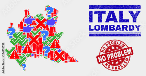 Sign Mosaic Lombardy region map and seal stamps. Red round No Problem textured seal. Colorful Lombardy region map mosaic of different randomized icons. Vector abstract composition.
